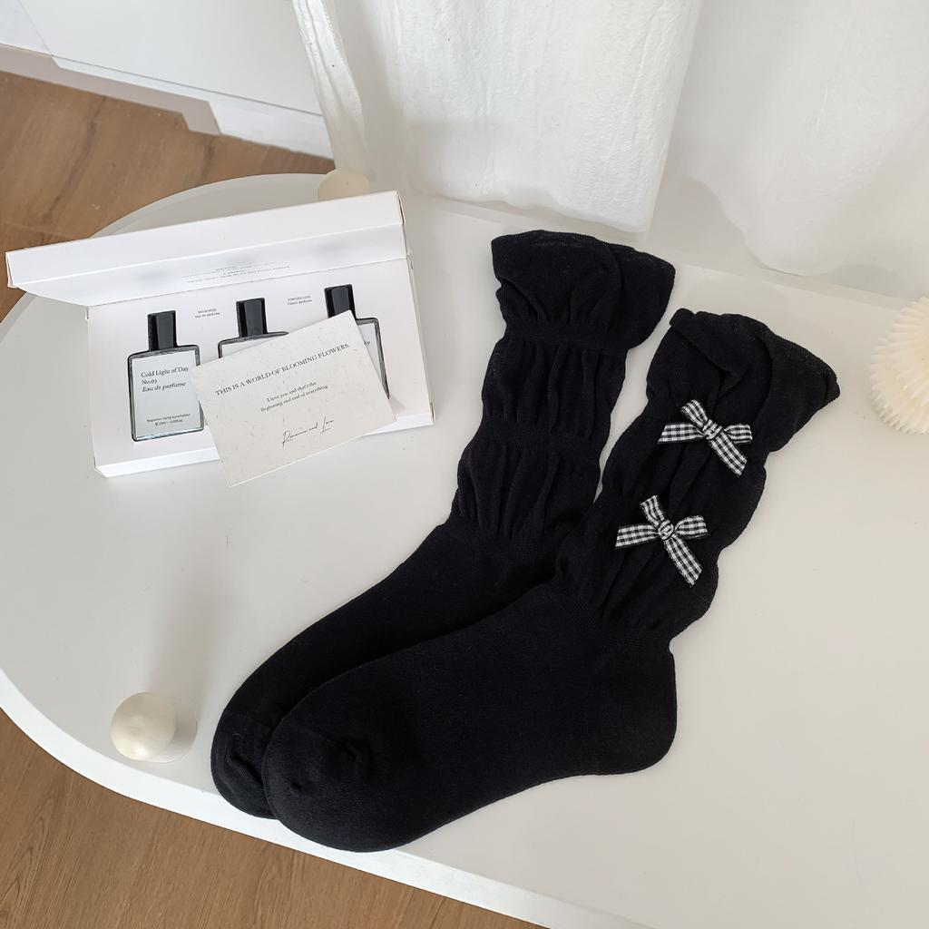 Plaid Small Bow Ribbon Solid Color Lace Medium Tube Stacking Socks Children'S Cute Lolita Socks