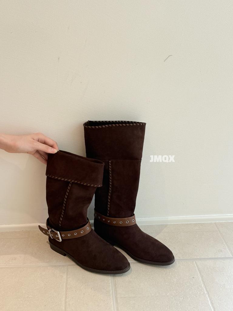 Leather stacking boots 2025 autumn and winter new thick heel buckle western cowboy british style knight boots casual boots