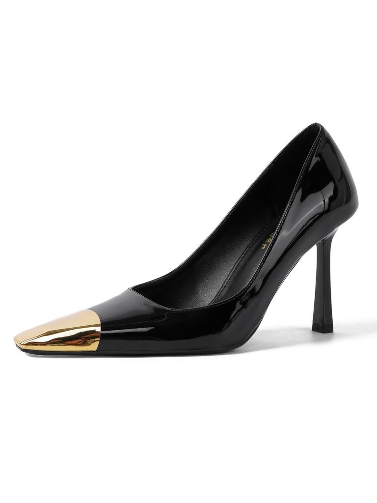 Poplar forest with the same metal square head sexy thin heel single shoes women's black patent leather versatile one-pedal iron head high heels