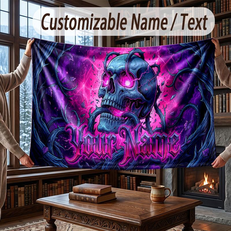 Skull Gothic Theme Throw Blanket Custom Name Text Personalized Blanket Soft Cozy Blanket for Home Sofa Bed