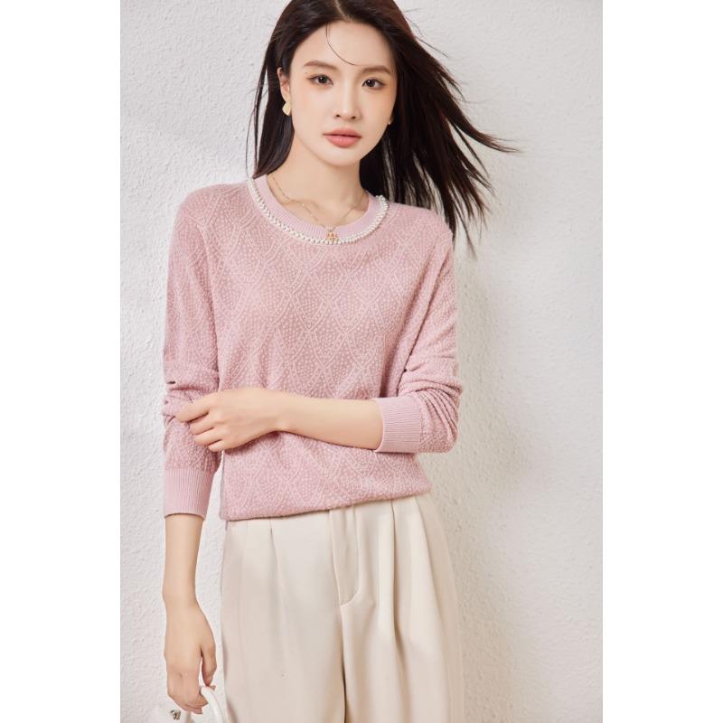 

Silk-containing wool sweater women s autumn new beaded top round neck lazy fan knitted sweater backing sweater 115 (90-57.5 kg) розовый