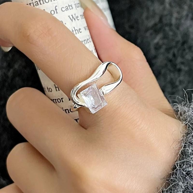 925 Sterling Silver Zircon Ring for Women Geometry Hollow Out Square Versatile Line Irregular Jewelry Gift Wholesale