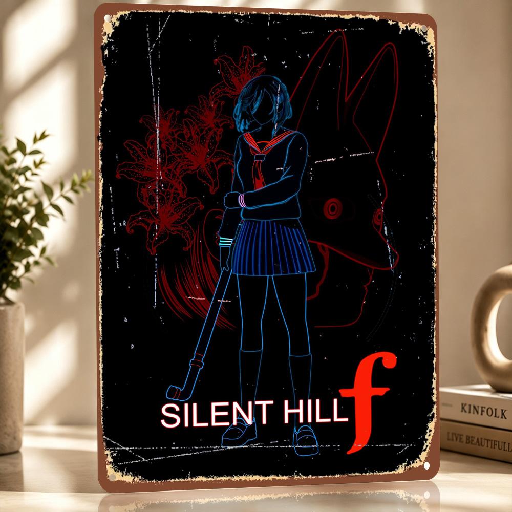 Silent Hill F Neon Illustration D Printed Texture Poster Personalized Wall Art Retro Metal Tin Signs for Gaming Room Decoration