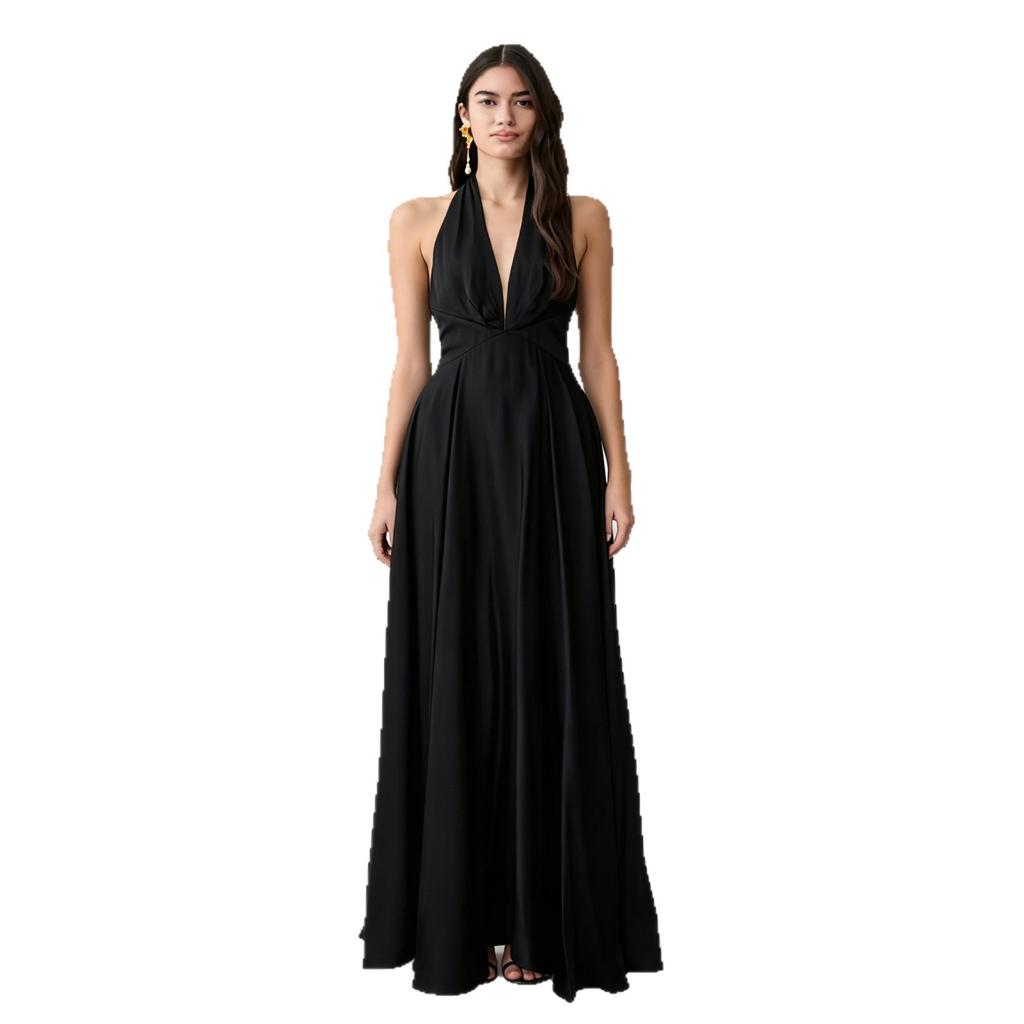Women's French Neck Deep V Long Dress High Waist Waist Sexy Backless Temperament Dress Dress
