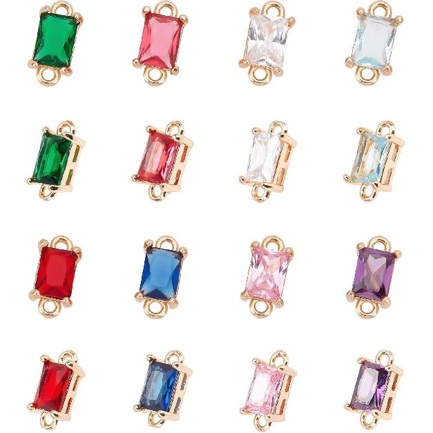 arricraft 16 Pcs 8 Colors Glass Links Connectors, Rectangle Crystal Glass Connectors Rhinestone Faceted Pendants with Brass Findings for Jewellery