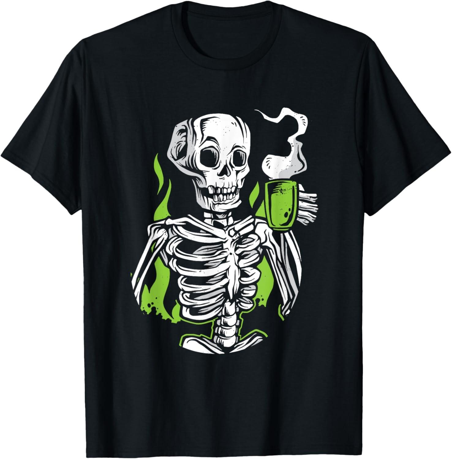 Skeleton Skull Alien Drinking Coffee Funny Novelty Gifts T-Shirt S