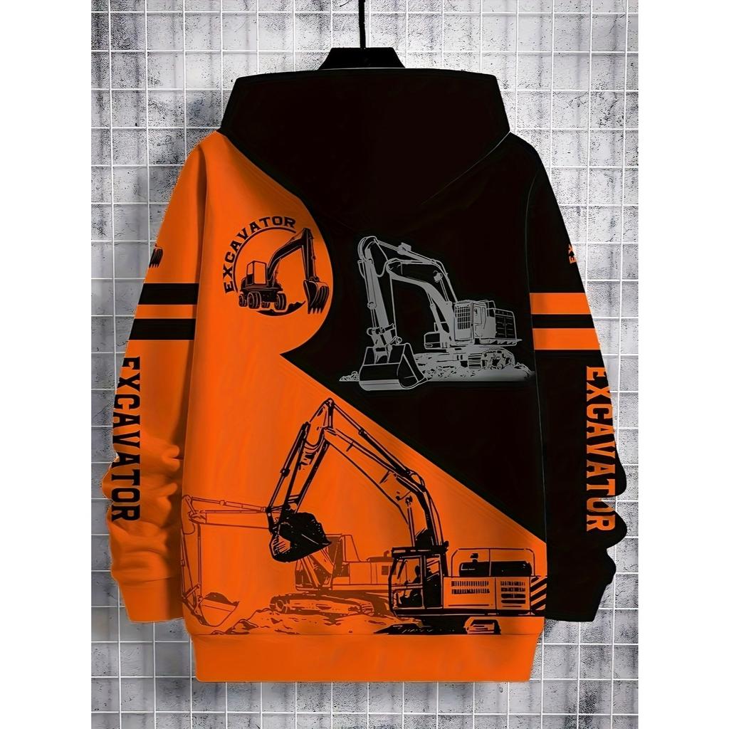Boys' contrasting excavator pattern printed hoodie, casual long sleeved hoodie, suitable for outdoor use