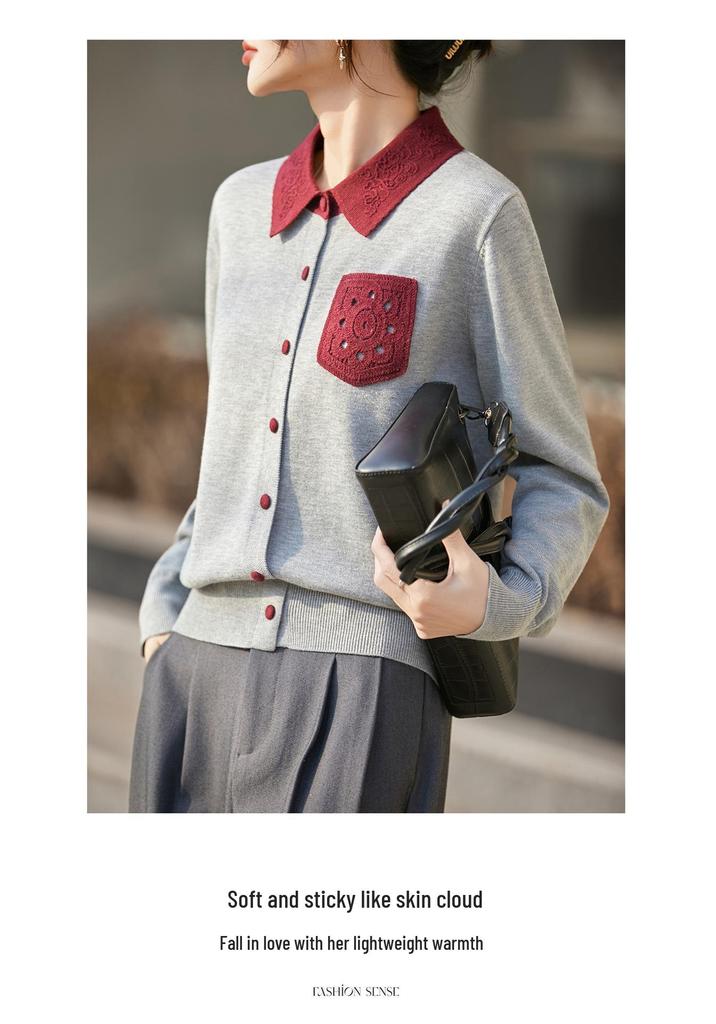 Women's Retro Versatile Cardigan: Fine Spun Wool, Soft Polo Collar, Covered Buttons, Contrasting Colors—Perfect for Spring and Autumn.