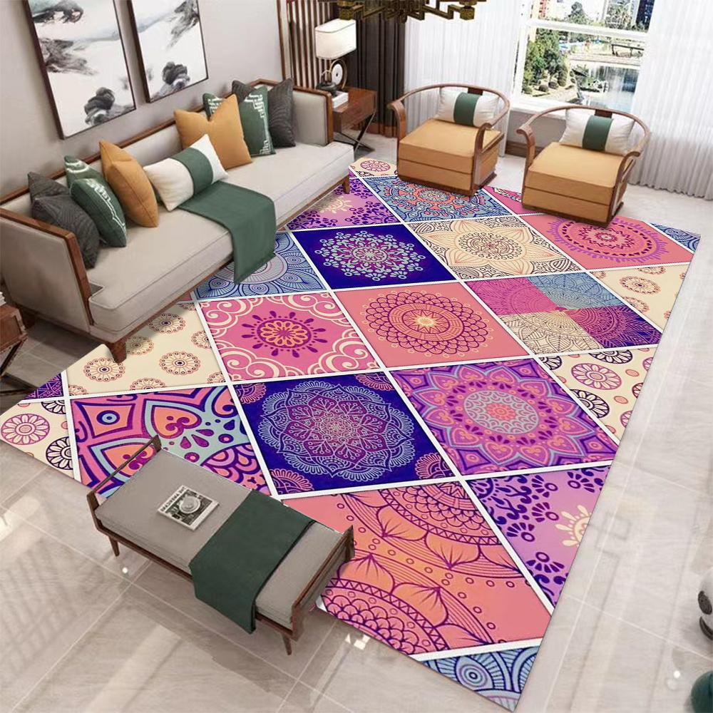 Bohemian Mandala Floral Carpet With Colorful Geometric Collage Design Retro Art Style NonSlip Rug For Living Room Sofa Area