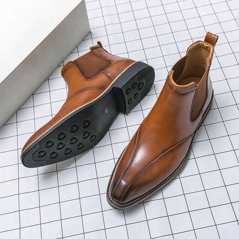 Fashion New Brown Chelsea Boots for Men Ankle Business Square Toe Slip-On Mens Boots  Size 38-45