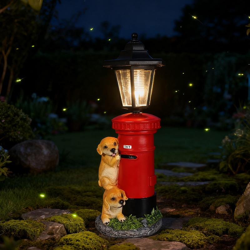 Solar Hexagonal Light with Dog Lying On Mailbox Sculpture Home Garden, Courtyard, Pathway, and Entrance Decorative Light Fixture