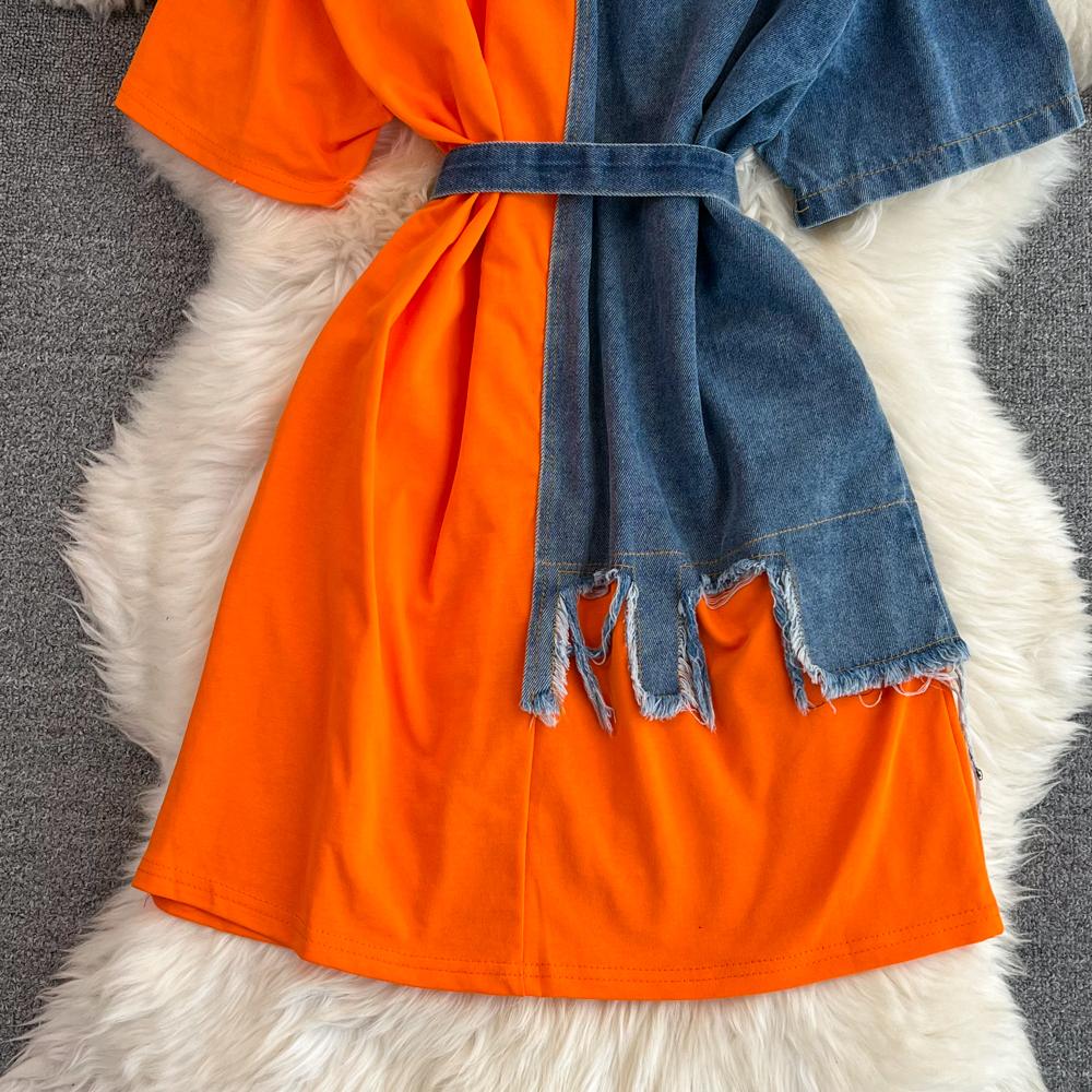 Elegant sommer Dame Patchwork dongeriskjorter Vintage Casual Slanke bluser Topper med belte Kvinnelig Mote Pullover Klær Nyhet
