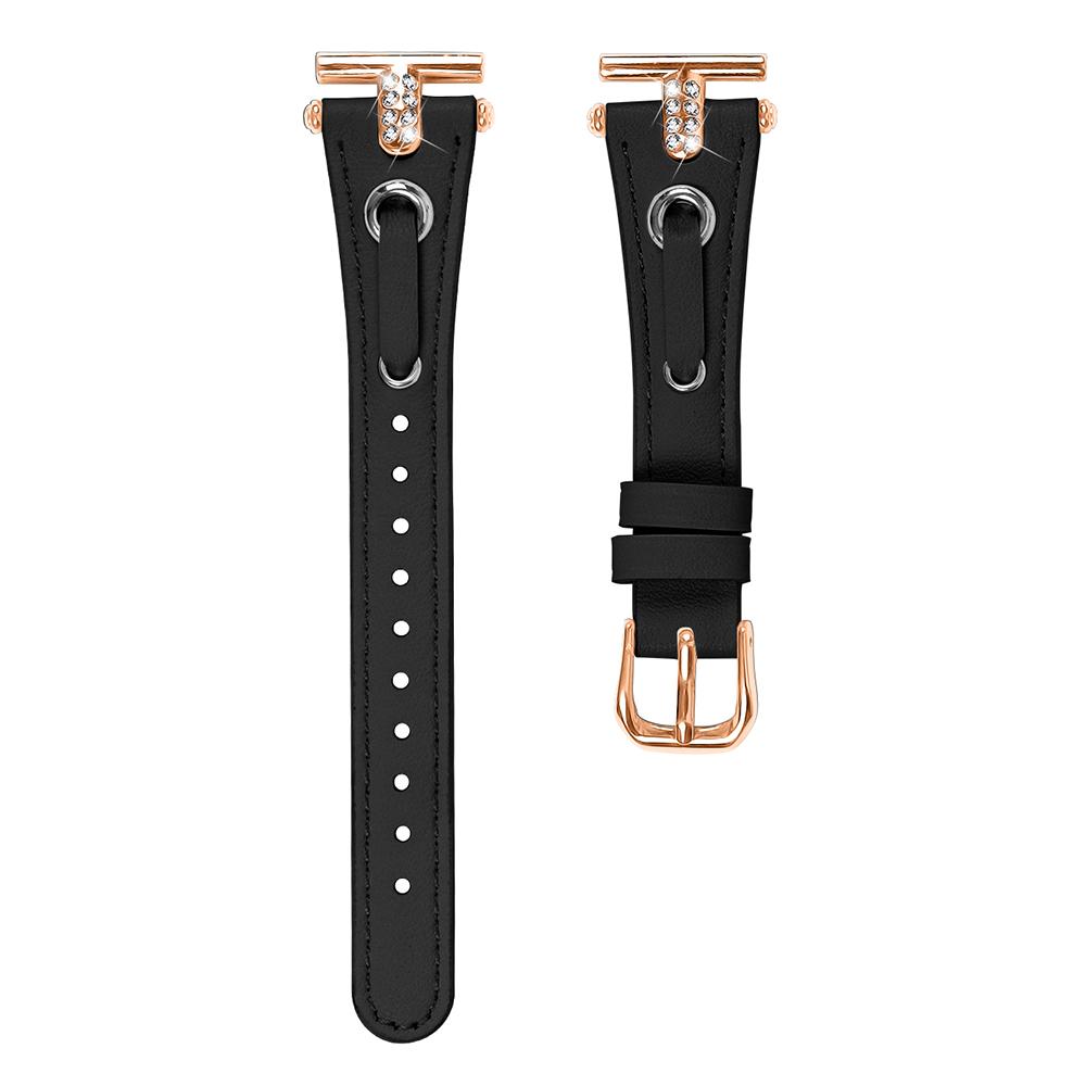 

For GarminMove 3/Vivomove 3 Watchband Genuine Cow Leather T-belt with Rhinestone Decor (Rose Gold Connector) Black