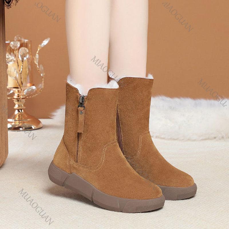 Snow Boots Women Fur Winter Shoes Padded Warm Casual Ankle Boots Retro Round Toe Suede Side Zip Short Botines Solid Ladies Shoes