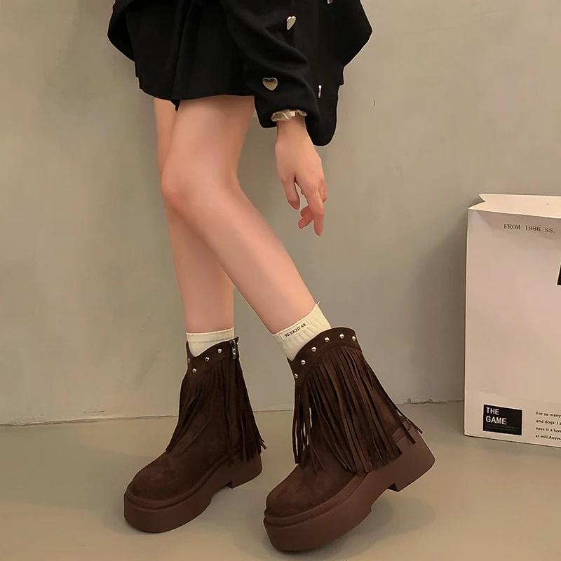 Vintage Chunky Women Western Cowgirl Boots Fashion Tassels Shoes Autumn Winter Platform Heel Ladies Short Booties