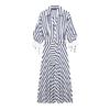 Spring and summer new European and American style fashion break long-sleeved lapel striped belt long dress