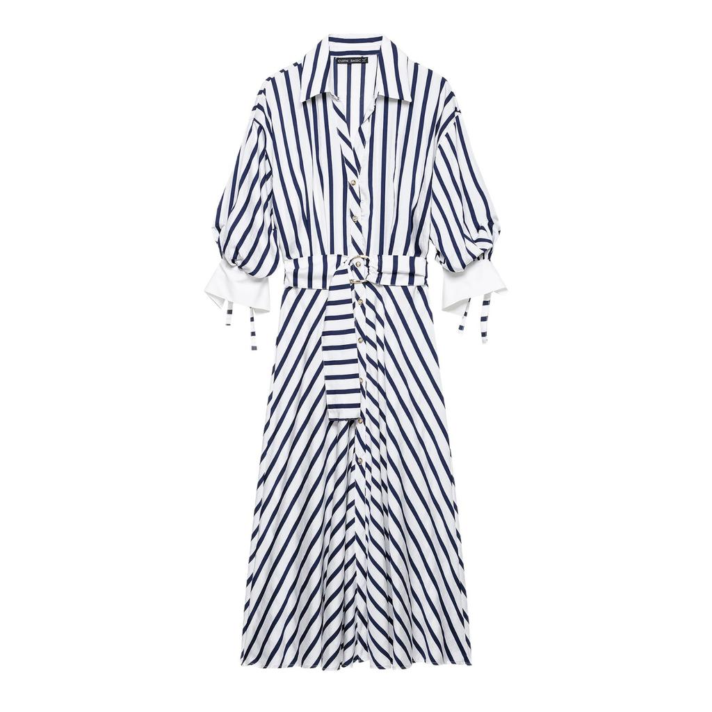 Spring and summer new European and American style fashion break long-sleeved lapel striped belt long dress