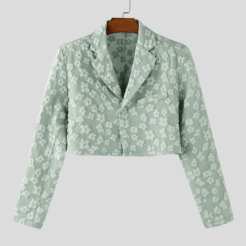 INCERUN Men Lapel Neck Long Sleeve One Button Flowers Texture Cropped Blazer Coats
