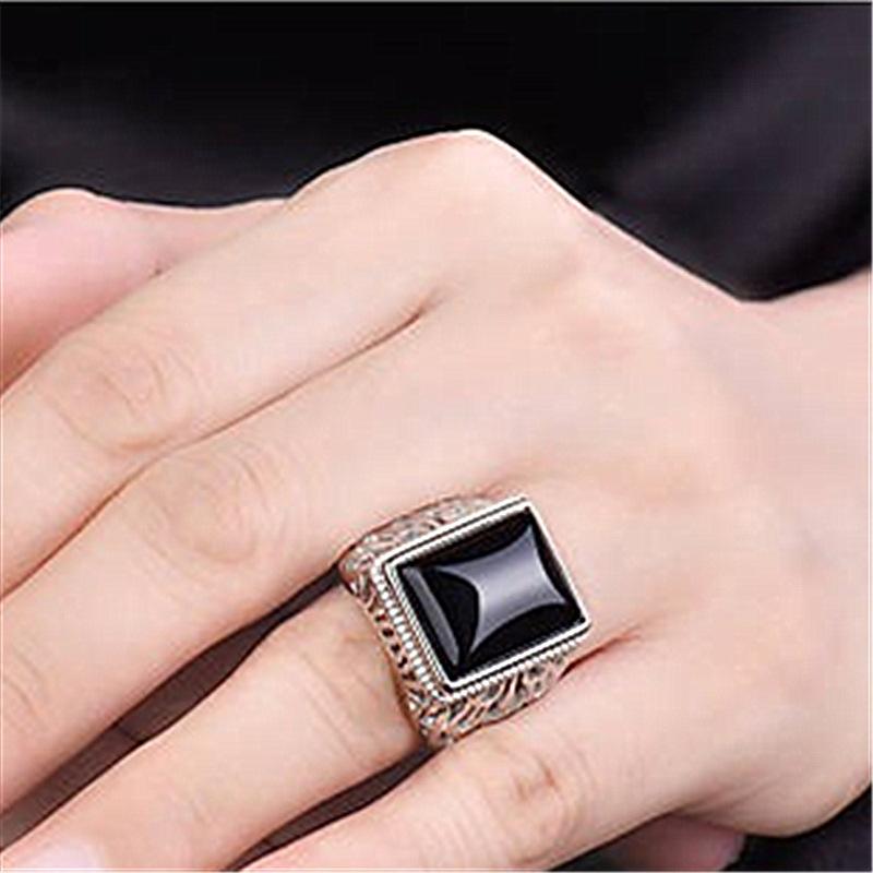 Baum des Lebens Hohl Quadrat Schwarz Zirkon Achat Herren Ring Offen Retro Obsidian Chalcedon Herren Ring Ring