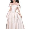 One-word Shoulder Satin Light Wedding Dress, Wedding Engagement Bow, White Niche Travel Photo Evening Dress, Going Out Dress, Fluffy Skirt
