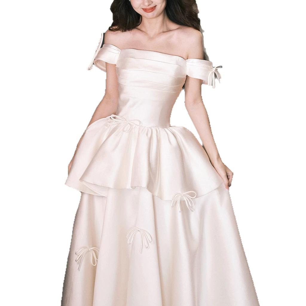 One-word Shoulder Satin Light Wedding Dress, Wedding Engagement Bow, White Niche Travel Photo Evening Dress, Going Out Dress, Fluffy Skirt