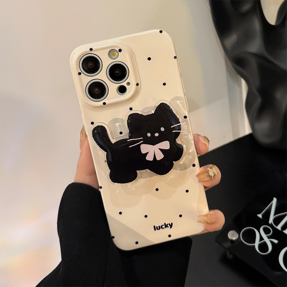 Korean Ins Wave Point Cat Stand for IPhone 16 Phone Case for Apple 15Pro Max Film 13 Soft 17