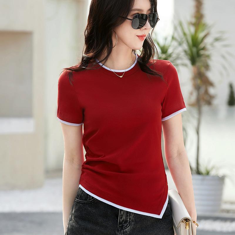 Tricou de damă cu mânecă scurtă, în stil chinezesc, cu margini contrastante mici, cu gât rotund, 2024, îmbrăcăminte de primăvară și vară, versatil, bumbac, elastic, slim fit