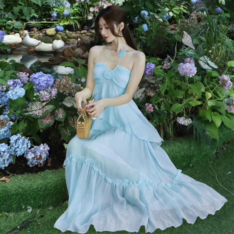 Design High-end Coffee Break French Chic and Beautiful Xiaoxiang Seaside Vacation Yellow Neck Dress