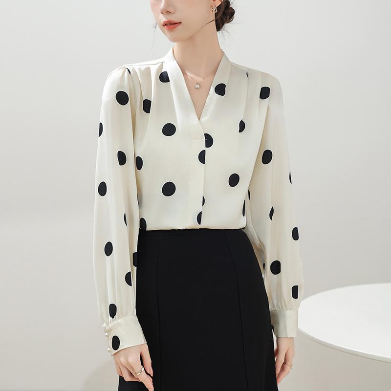Women Blouses Shirts 2025 Spring Long Sleeve Women Blouse Shirt V-Neck Dot Elegant Blouse Shirt Women Tops J922