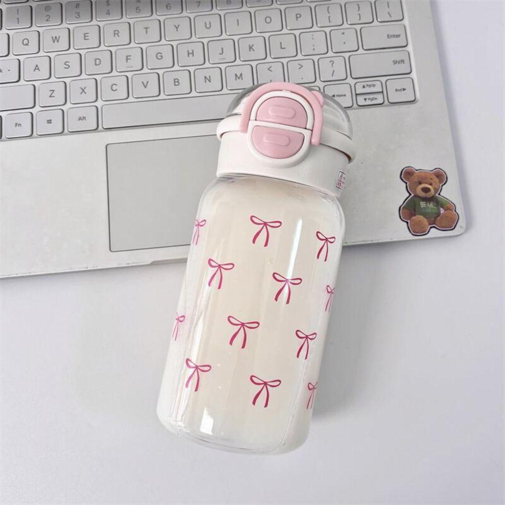 500ml Capacity Water Cup Pink Bow Printing Sippy Cup Portable Straw Water Bottle  Gifts
