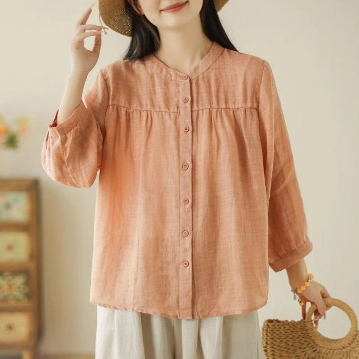 Women's Summer Cotton-Linen Three-Quarter Sleeve Shirt: Loose-Fitting, Slimming, Casual, and UV-Protective Top