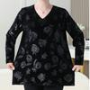 Damen Übergröße Samtbluse V-Ausschnitt Locker Bedruckte Samtbluse Frühling und Herbst Langarm Übergröße T-Shirt Top