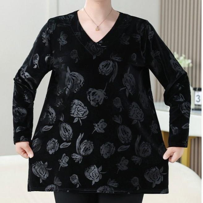 Damen Übergröße Samtbluse V-Ausschnitt Locker Bedruckte Samtbluse Frühling und Herbst Langarm Übergröße T-Shirt Top