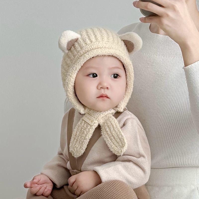 Warm Fleece Baby Bear Ear Hat Soft Plush With Chin Tie Perfect For Infant Winter Outdoor Daily Wear