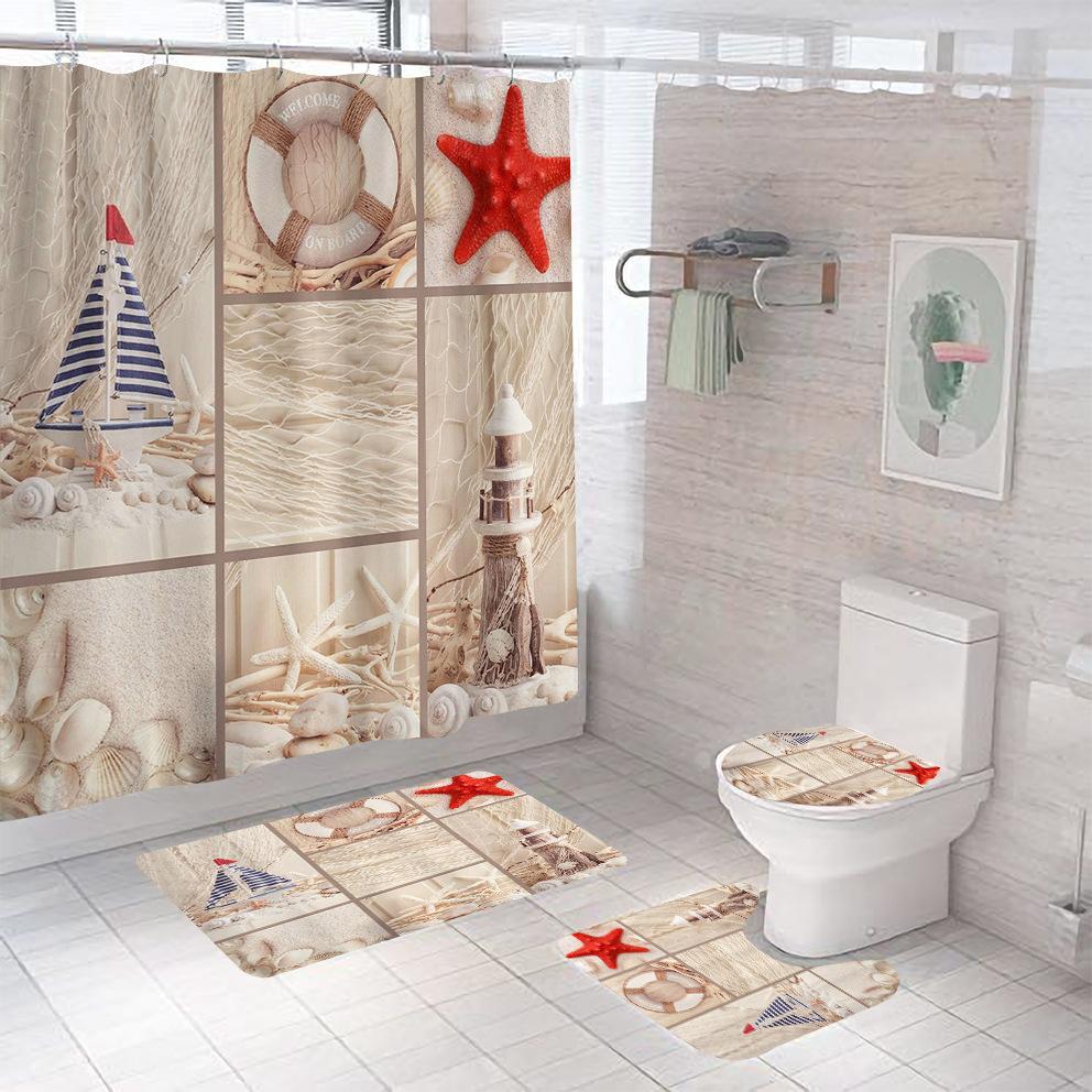 Bathroom Shower Curtain Four-piece Digital Printing Beach Shell Waterproof Shower Curtain Shower Curtain Partition Curtain Bath Mat