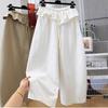 Women's Elastic Waist Wide Leg Pants Ruffle Trim Loose Fit Plus Size Casual Trousers Solid Color Workwear Bottoms