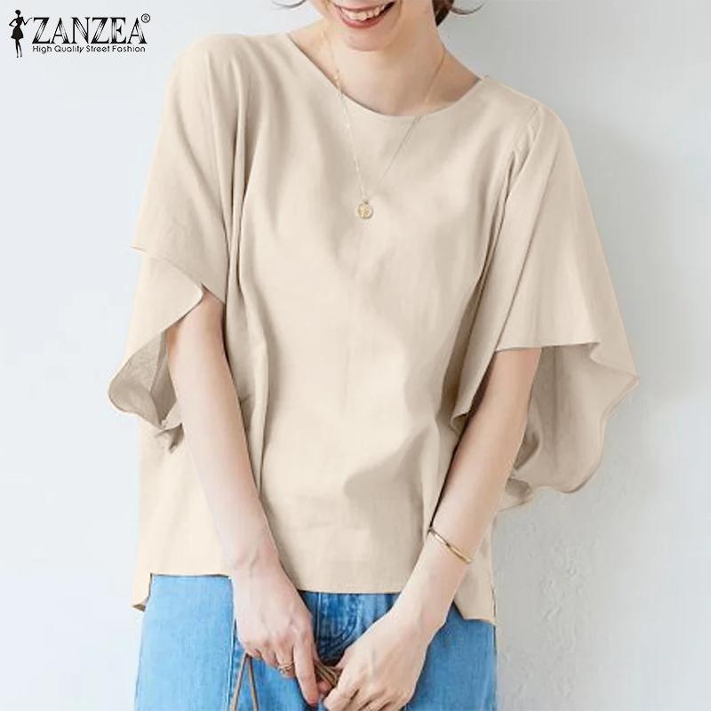 

ZANZEA Женская летняя повседневная однотонная свободная блузка с круглым вырезом и листом лотоса с короткими рукавами S зелёный