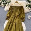 Sweet Women's Dress Slash Neck Long Lantern Sleeves Bandage Gathered Waist Spliced Lace Loose A-line Dresses