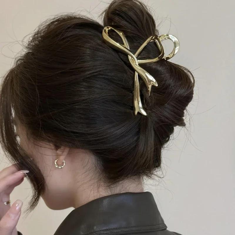 Women's Fashionable Metal Bow Ribbon Hair Clip Women's High-end Matte Glossy Flat Hair Clip Shark Clip Creative Hair Accessory
