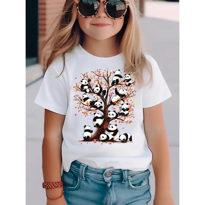 Girls' Cute Panda Climbing Tree Printed T-shirt - Soft Pink Short-sleeve Crew Neck Top, Breathable Knitted Fabric for Spring