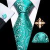 Pearl Brooch with Silk Tie for Men Vintage Floral Teal Necktie Hanky Cufflinks Gift Formal Set