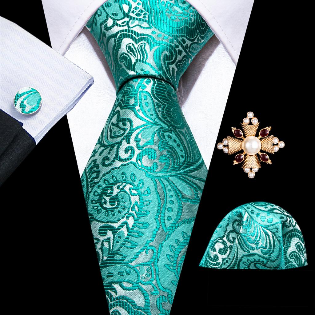 Pearl Brooch with Silk Tie for Men Vintage Floral Teal Necktie Hanky Cufflinks Gift Formal Set