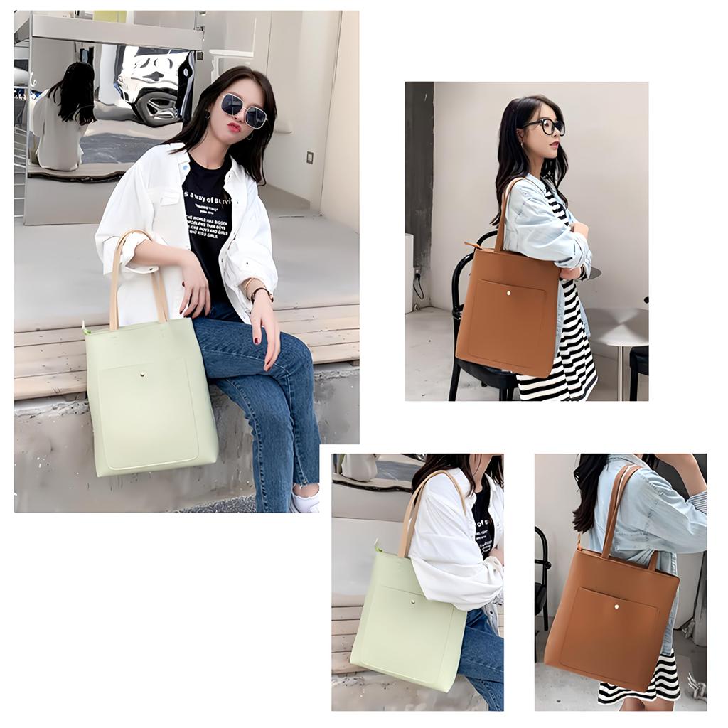 Lotte Lacca A4 Tote Bag, Vertical, Women's, Large, Simple, Cute, Slim, Solid PU Leather Tote Bag (Black)