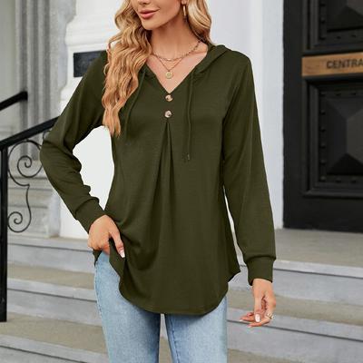 Einfarbiges Sweatshirt für Damen mit V-Ausschnitt, geknöpfter Kapuze, lockerem Langarm-Top