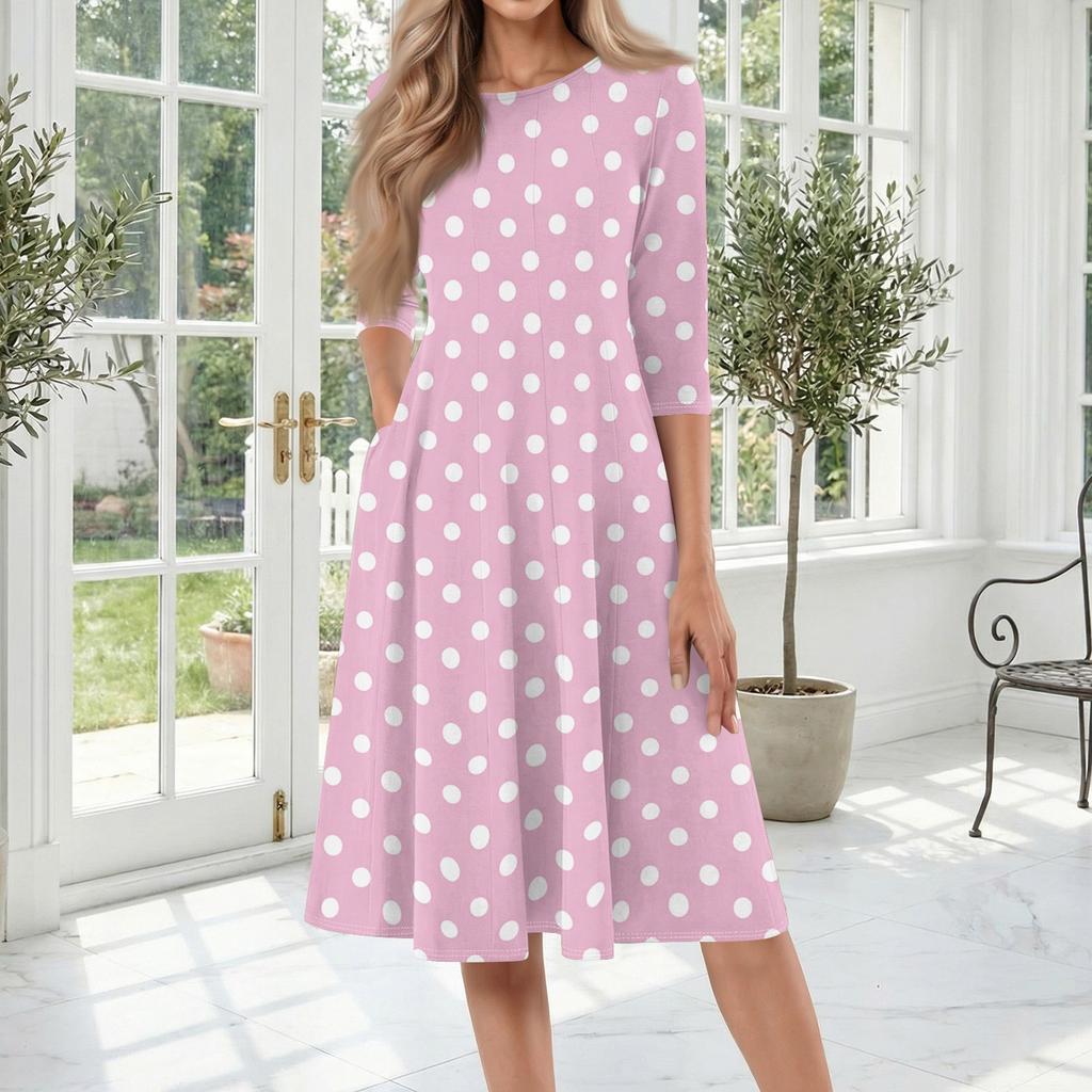 Women's Casual Fashion Round Neck Three Quarter Sleeve Polka Dot Printed Mid Length Dress Comfortable Loose Fit Everyday Wear