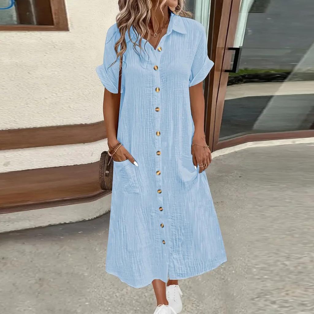 Women's Fashion Solid Color V-neck Short Sleeve Button Long Dress