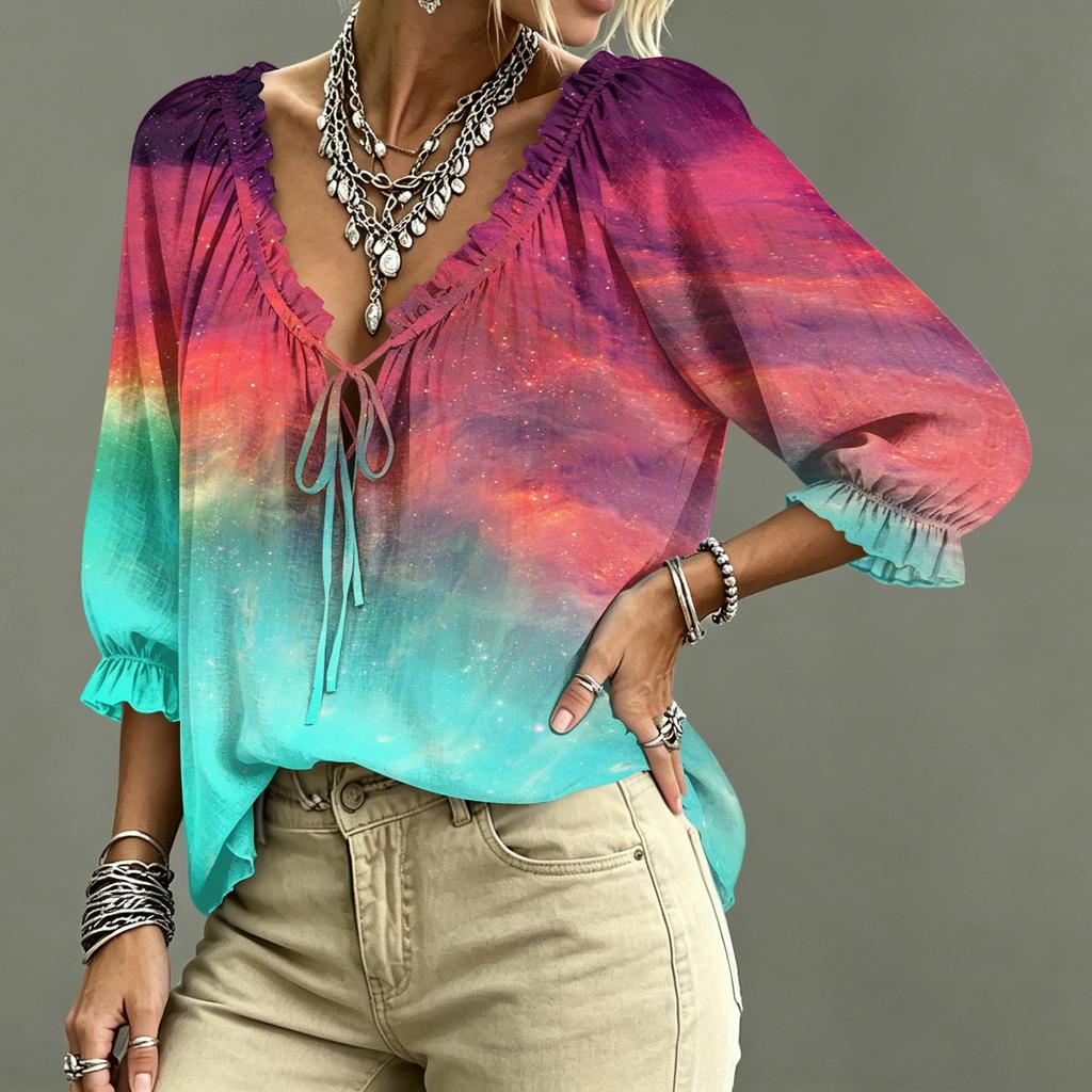Women's V-Neck Plaid Print Blouse with Ruffle Trim and Tie Front