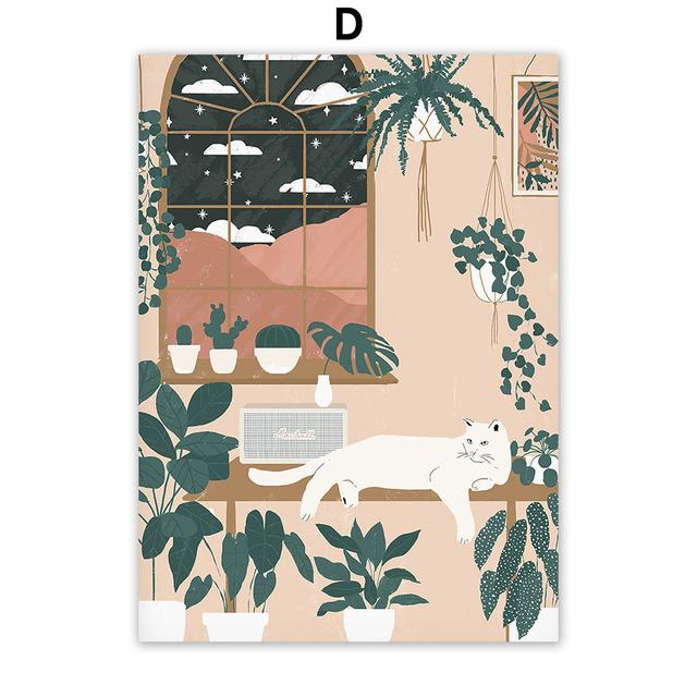 Boho Girl's Life Cat Monstera Plants Abstract Nordic Wall Art Canvas Painting Posters And Prints Pictures For Living Room Decor