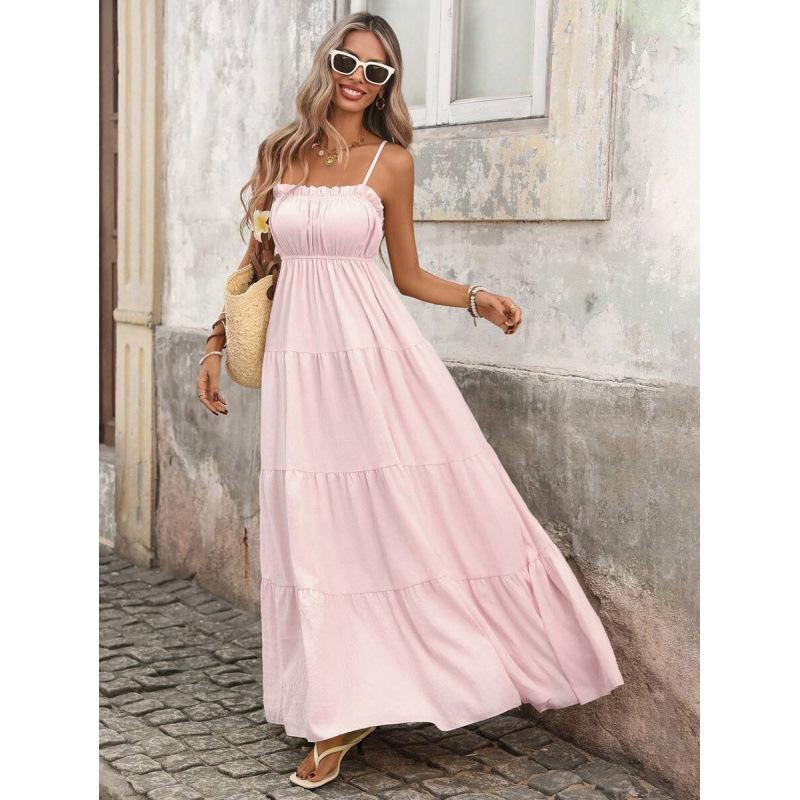 Europe, America 2026 Summer New Vacation Ruffle Edge Slim and Thin Long Suspender Dress Women
