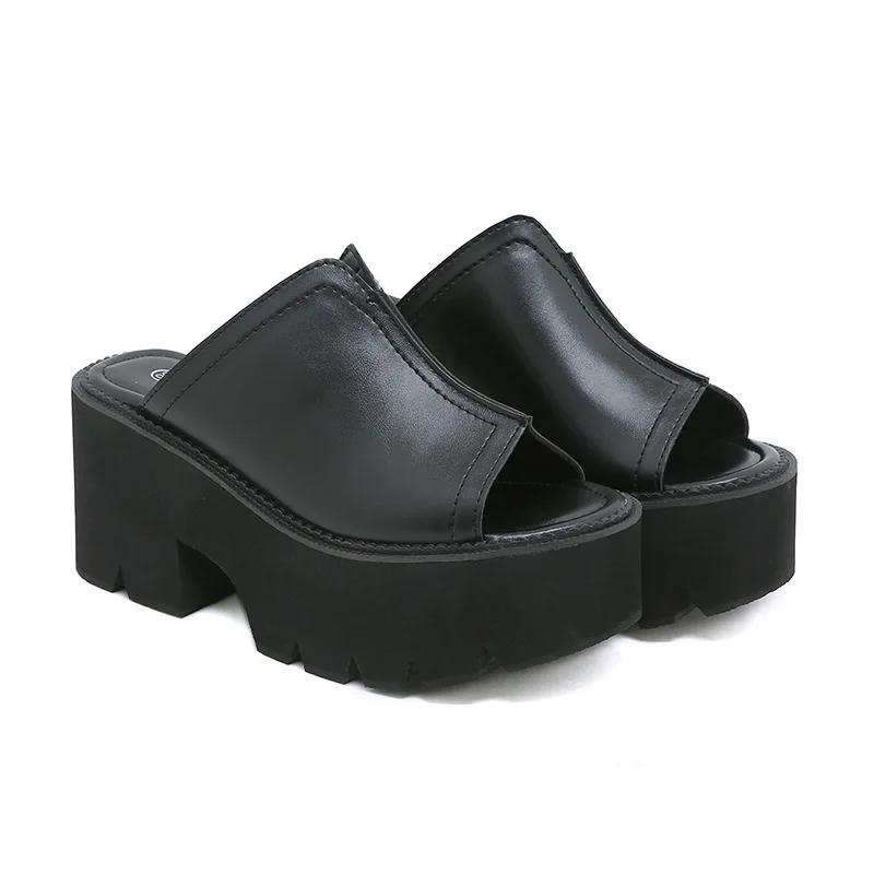Fashion Big Size 43 Open Head Block Heel Chunky Platform Slippers Women Summer Shoes Mules Slingback Muffin Bottom Black Leather